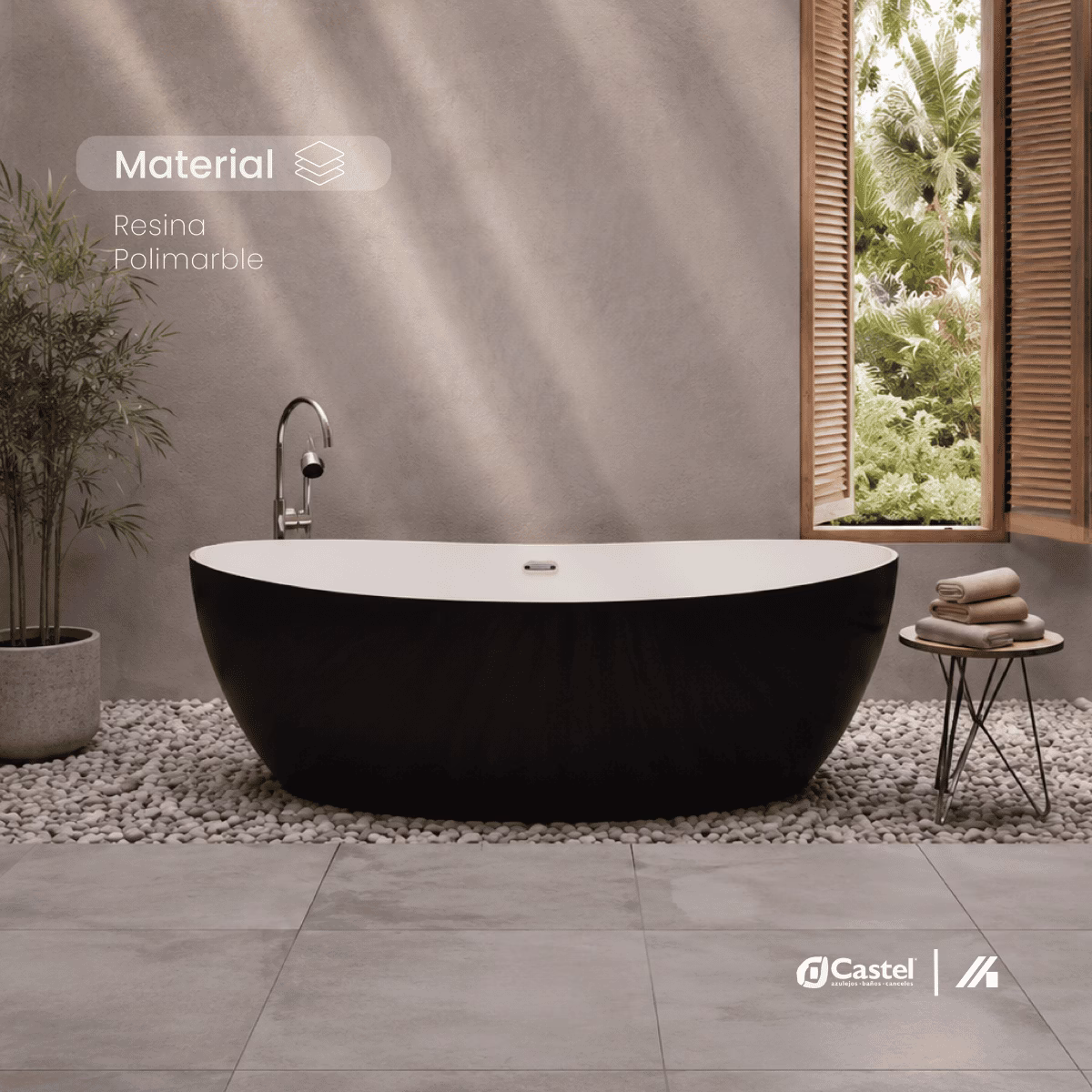 Tina Freestanding Castel Bora Bora 180 cm Negro Mate con Interior Blanco – 200 L